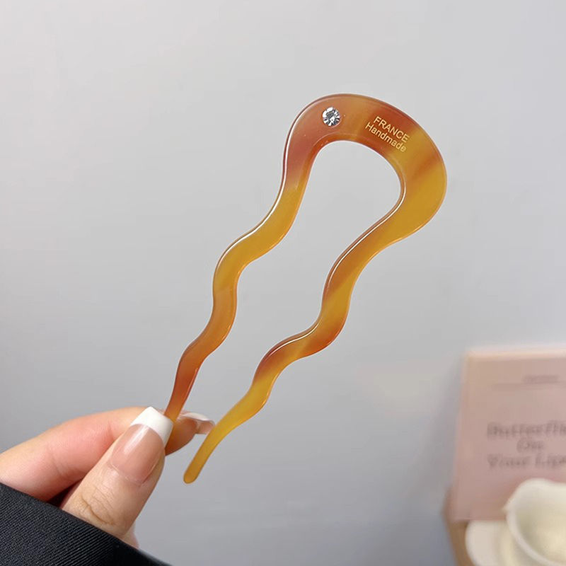 Miniatura: French Twist Hair Stick Hair Clip Acetate Wavy U-Shaped Hairpin Vintage Tortoise