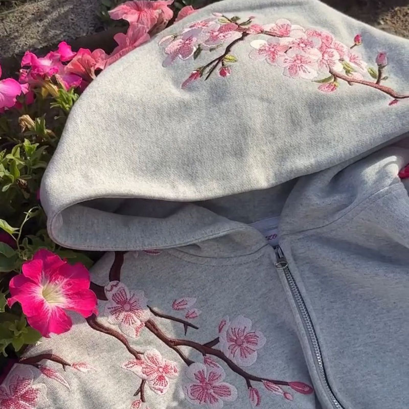 Miniatura: 2025 Autumn/Winter Fashion Cherry Blossom Embroidery Patch Zipper Hoodie for Men