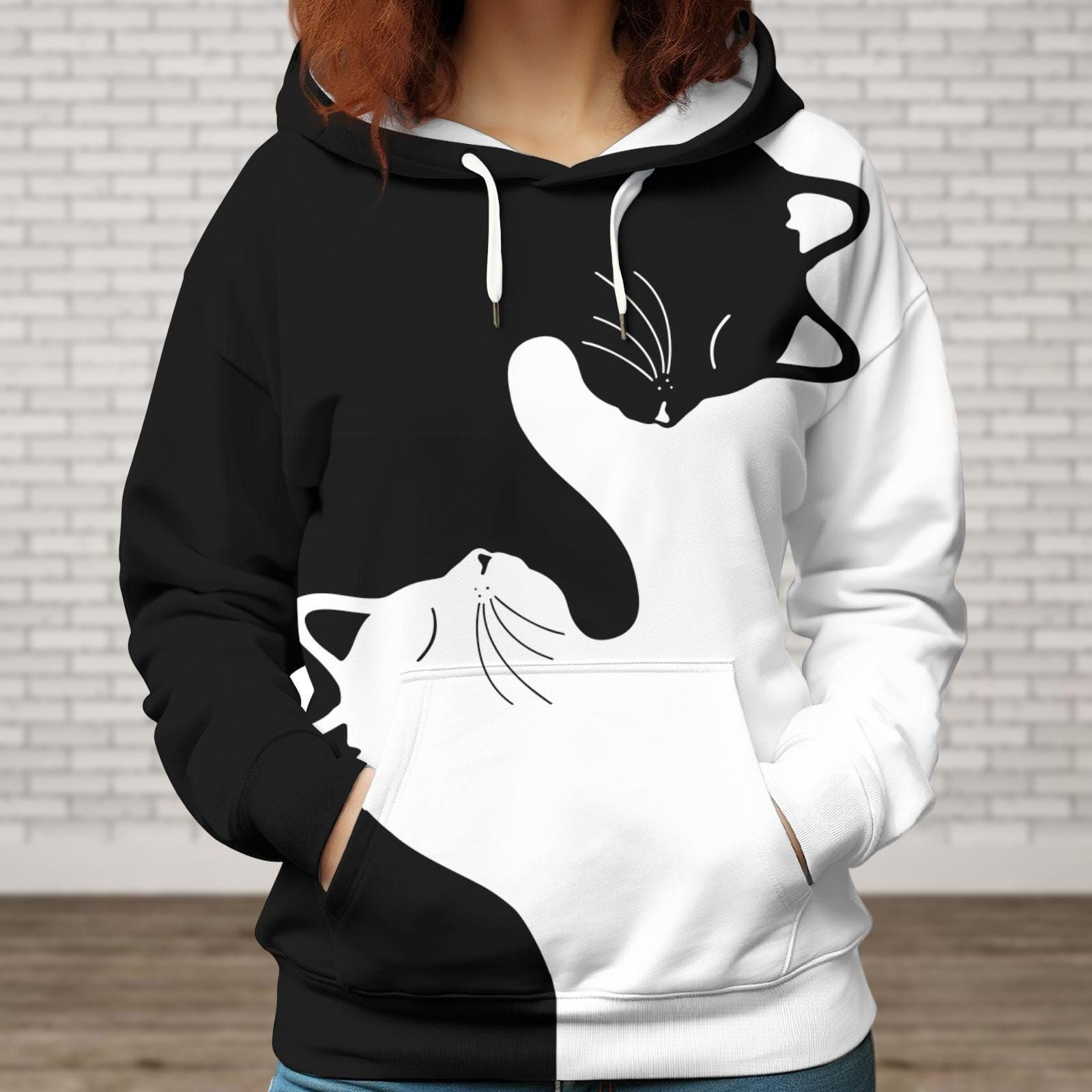 Cute Cat Hoodie, Black White Cat Hoodie, Funny Cat Adult Hoodie, Cat 3D Hoodie,