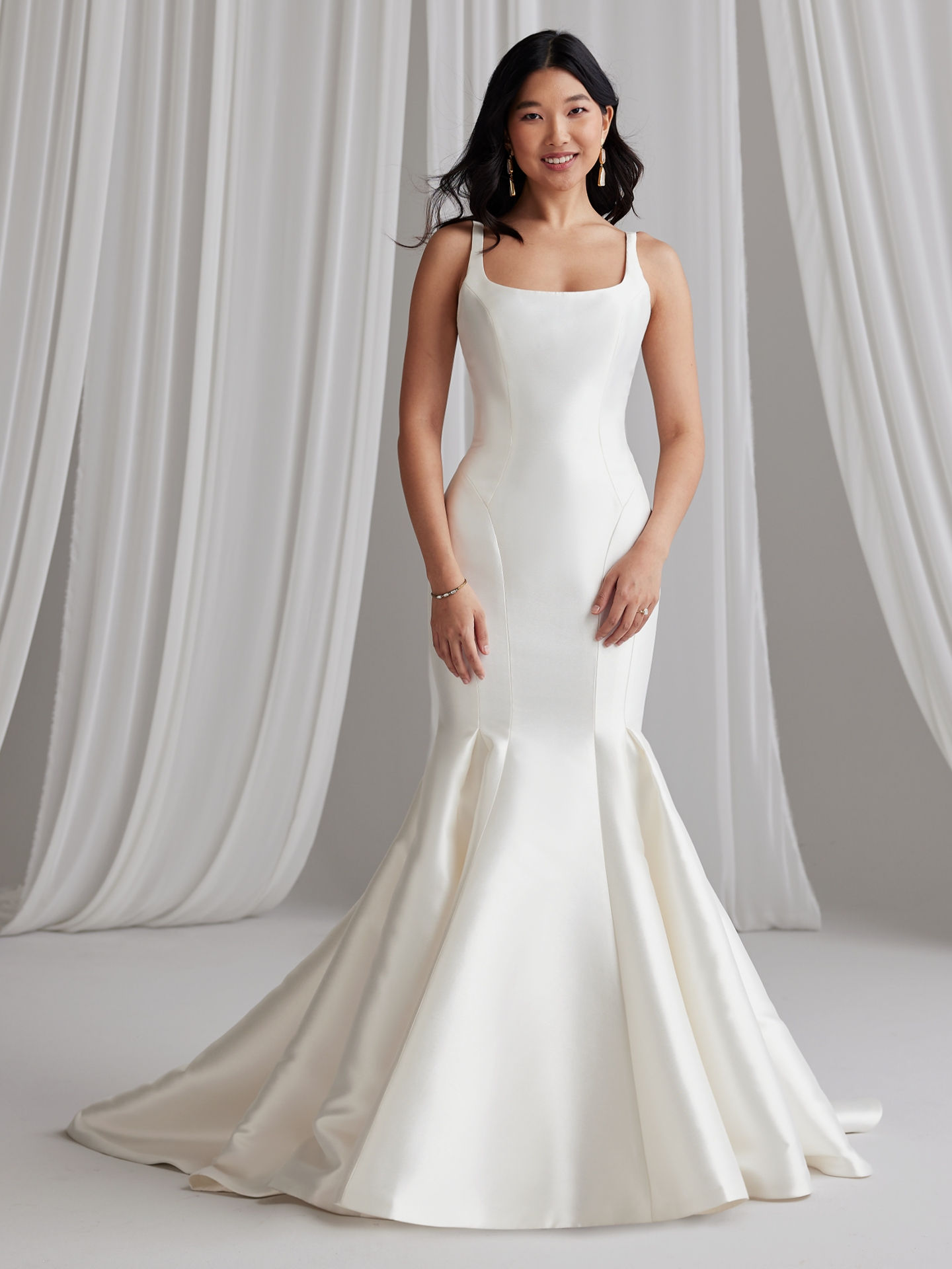 Maggie Sottero Selena Lane satin mermaid wedding dress with square neckline