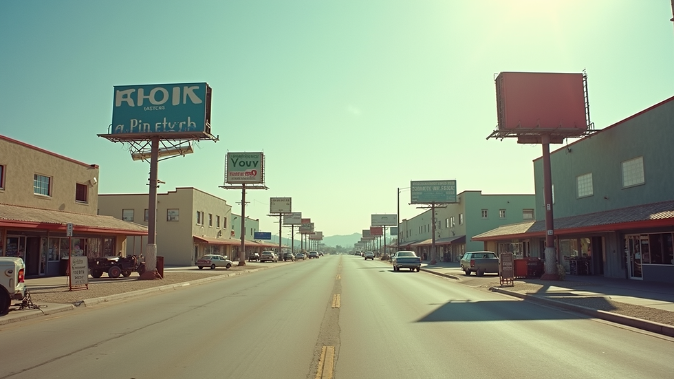 Wide angle view of a film studio lot with marketing billboards