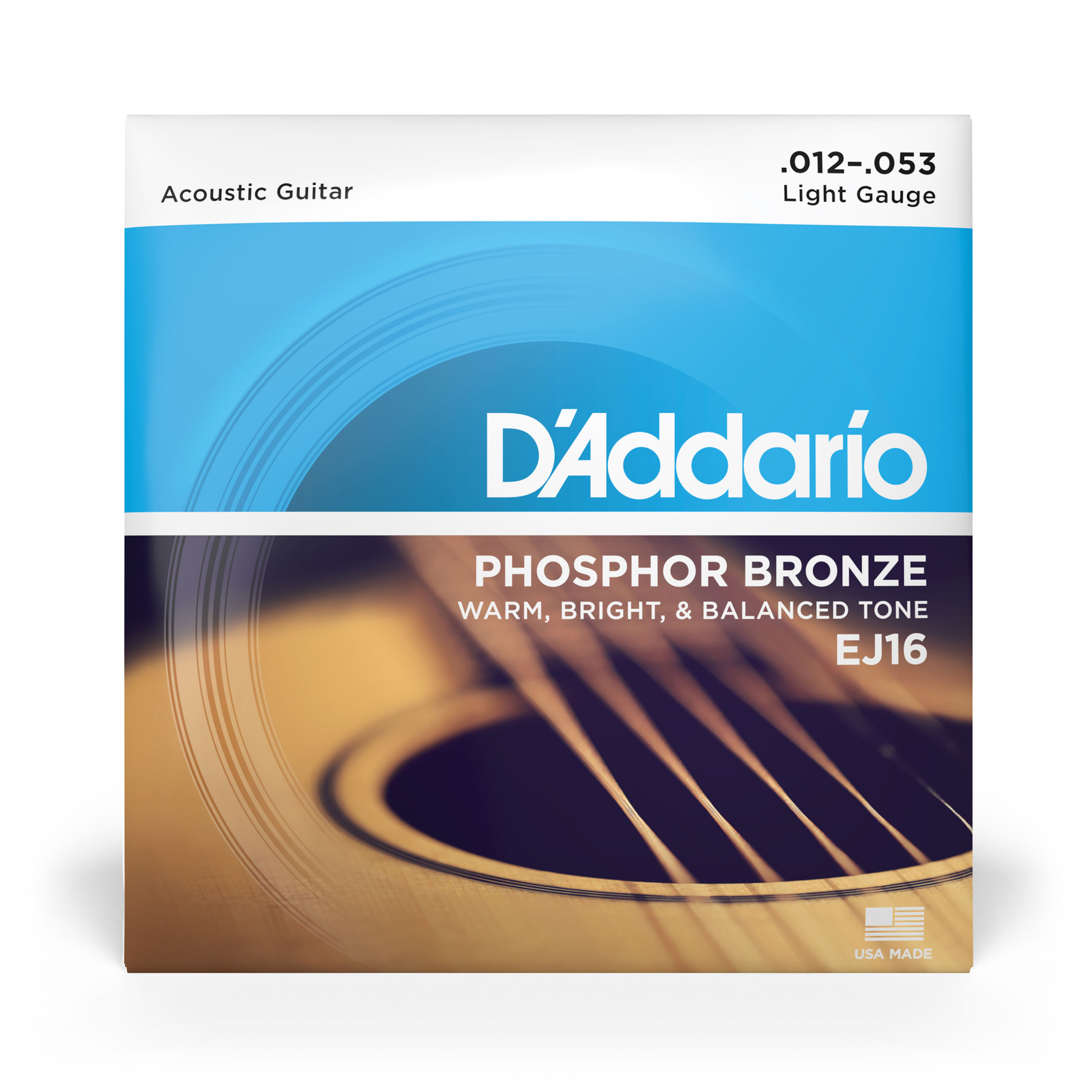 D'Addario EJ16 Phosphor Bronze Acoustic Guitar Strings, Light, 12-53