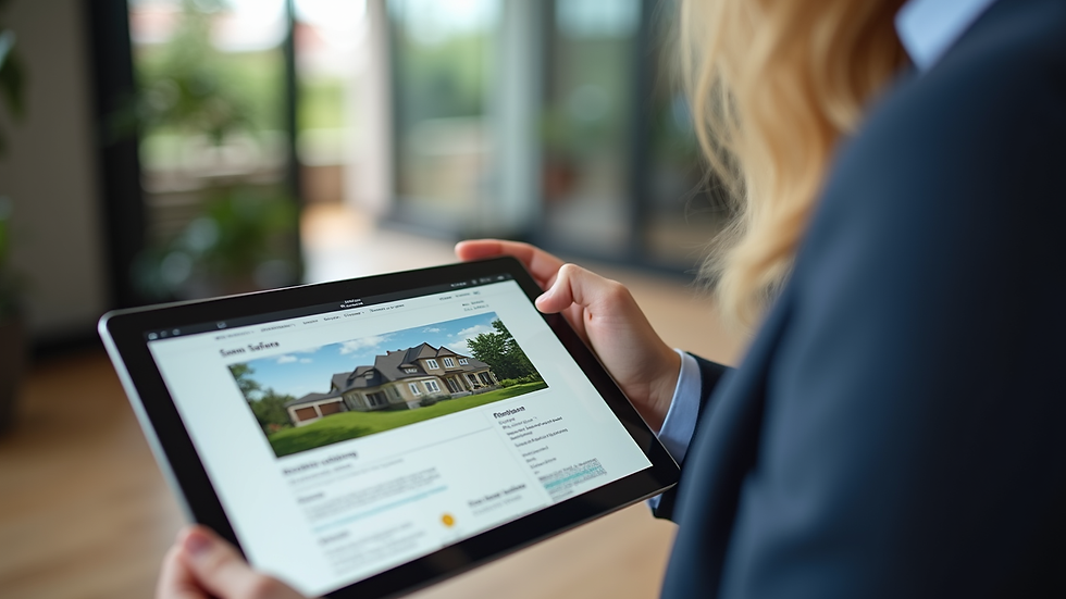 Close-up view of a real estate agent showing a property listing on a tablet