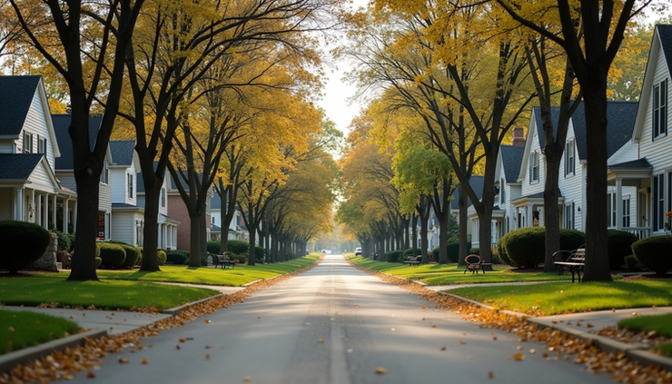 Eye-level view of a residential street near a college campus with houses and trees lining the road