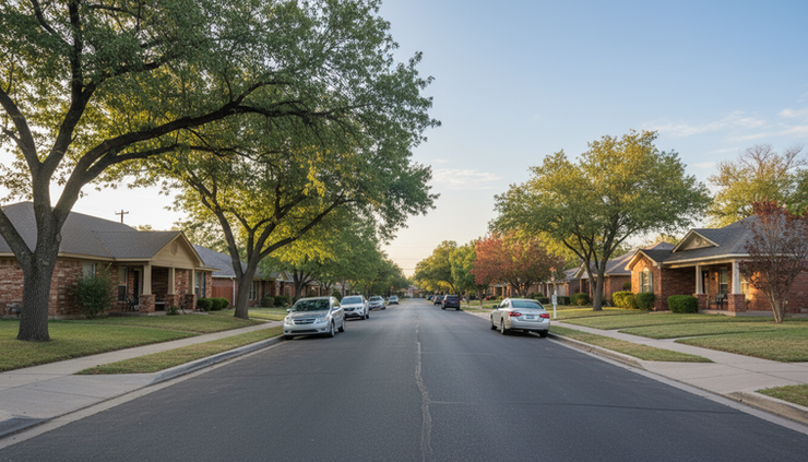 Wide-angle view of a quiet Southwest Suburbs street lined with single-family homes.