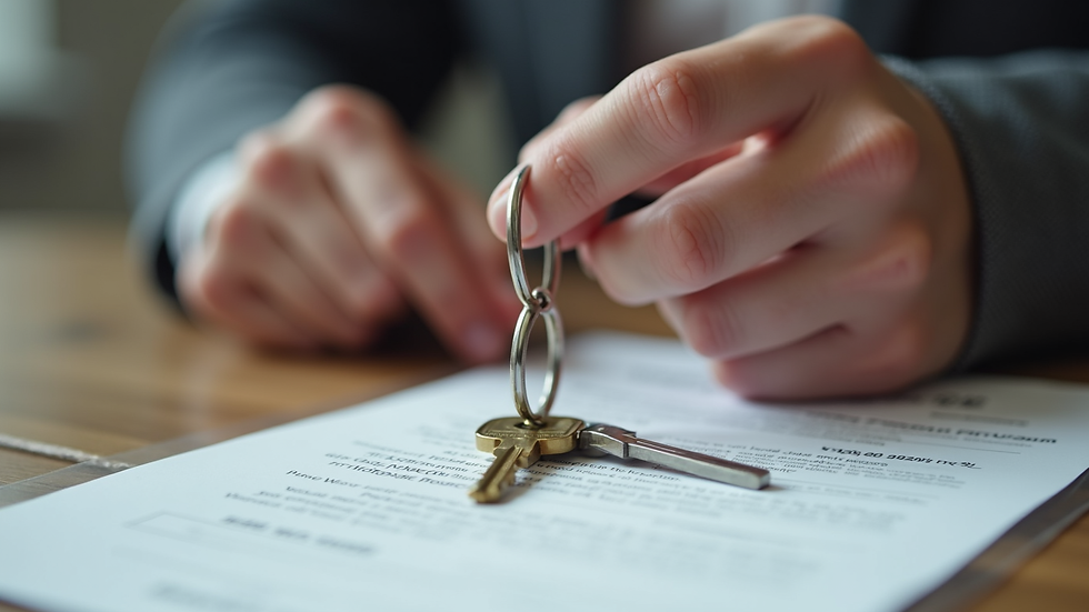 Close-up view of hands holding house keys over a mortgage document