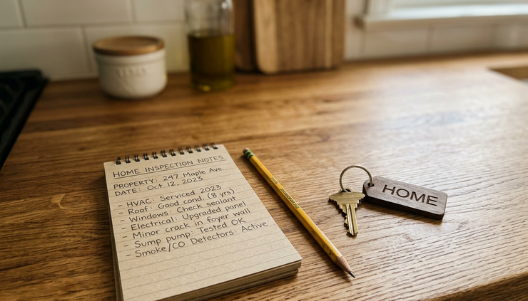 Close-up view of a house key resting beside home inspection notes