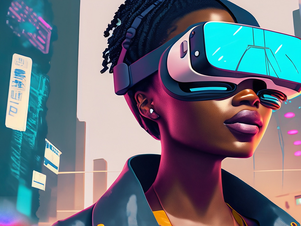 A girl wearing a VR in futuristic city