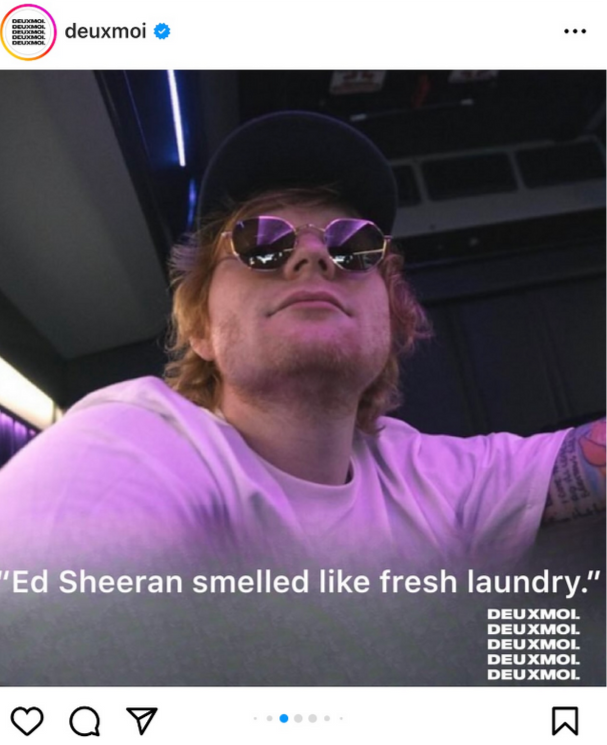 Ed Sheeran in sunglasses and a cap sits in a dimly lit area. White text on the image says, "Ed Sheeran smelled like fresh laundry."