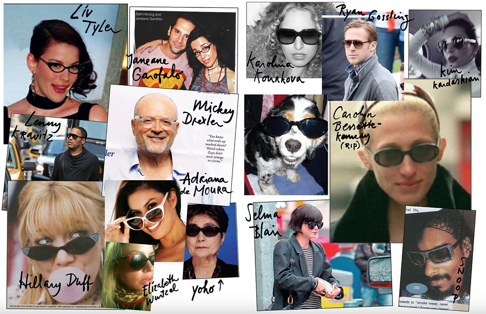 Collage of people and a dog wearing sunglasses, with handwritten names. Colorful backgrounds and casual settings. Mood is playful.