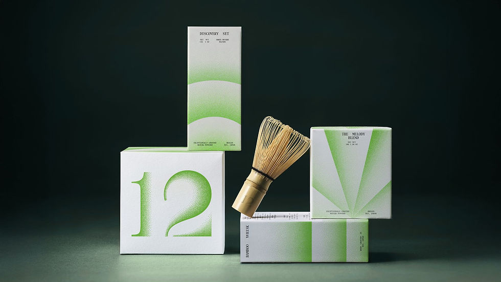 Tea packaging with green accents, featuring a whisk, boxes labeled "Discovery Set" and "The Melody Blend," set against a dark background.