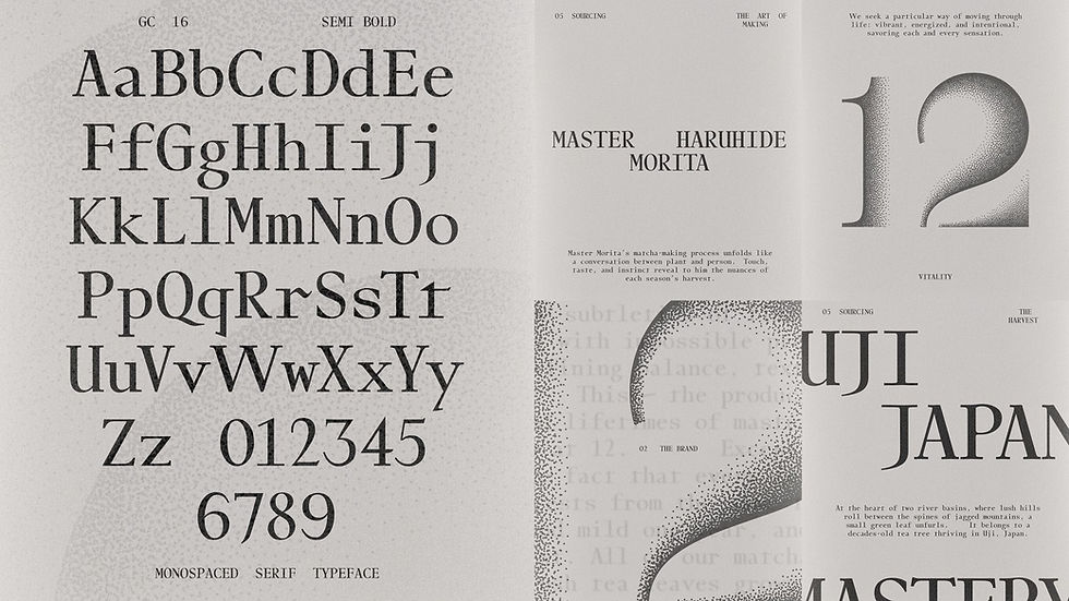 Typography image with serif letters, numbers, and text about Master Haruhide Morita and matcha sourcing. Black on white, elegant style.