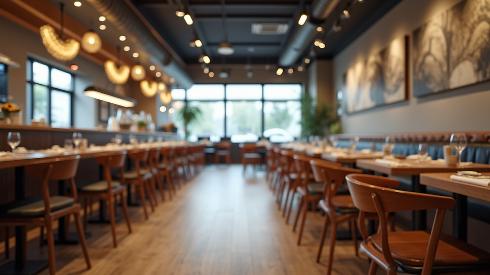Eye-level view of a modern restaurant dining area with tables and chairs