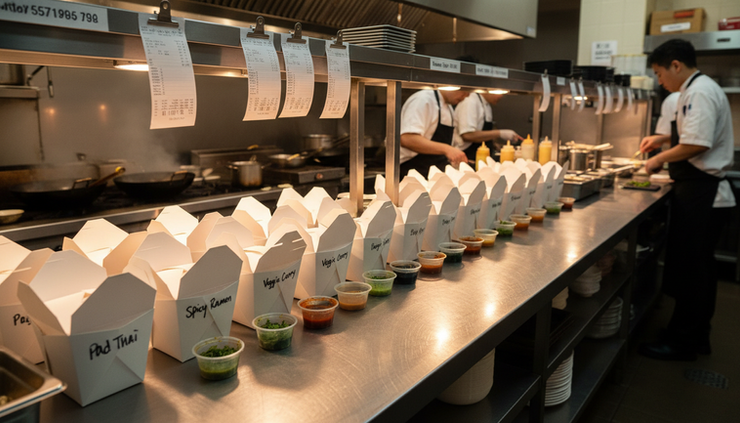 Eye-level view of a kitchen expo station with labeled takeout containers lined up for delivery