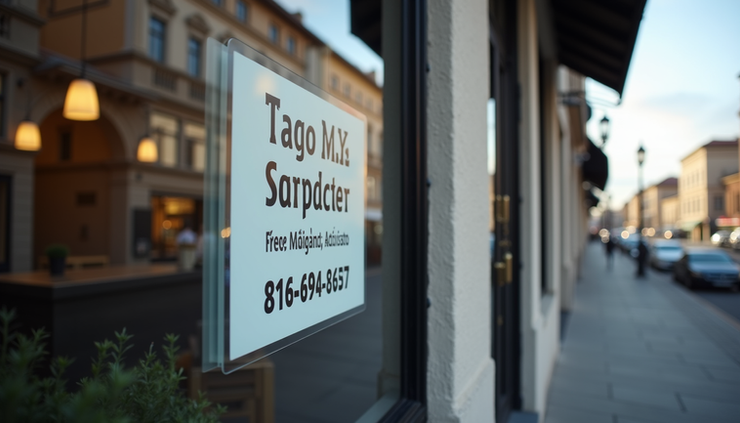 Eye-level view of a storefront sign showing business name, address, and phone number