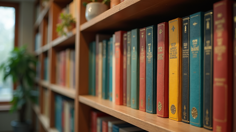 Eye-level view of a cozy reading nook with colorful books on a shelf