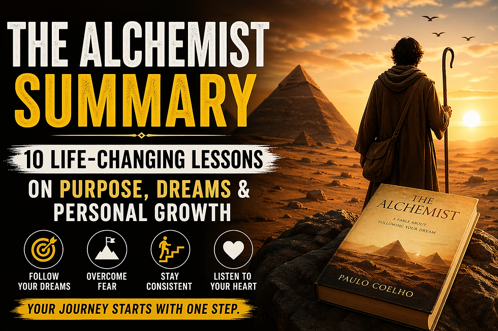 The Alchemist summary – 10 life-changing lessons on purpose, dreams, and personal growth with visual concept of journey and mindset