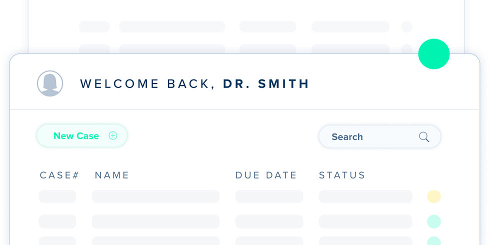 Dashboard displaying "Welcome Back, Dr. Smith" with a user icon, "New Case" button, search bar, and a case list with colored status dots.