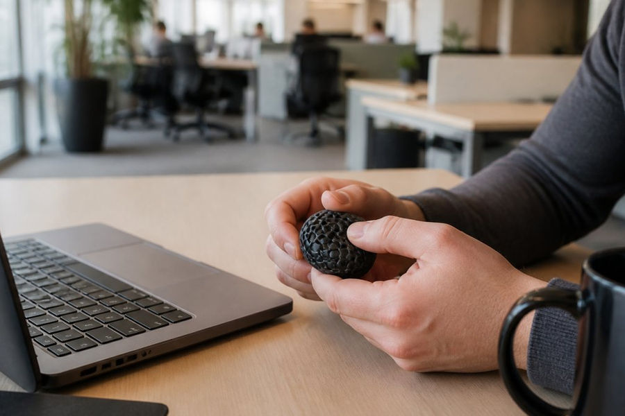 Close-up of an adult's hands using a small, discreet textured fidget toy on a tidy office desk beside a laptop and coffee mug, with a blurred open-plan office in the background