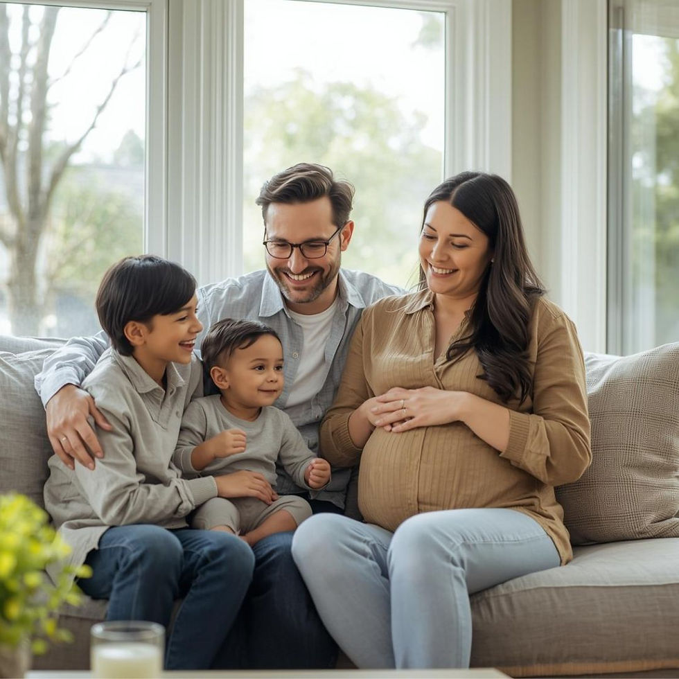 growing family with pregnant mother and children sitting together at home