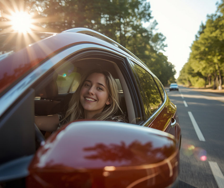 Happy young woman driving a red SUV down a sunny, tree-lined road during sunset.