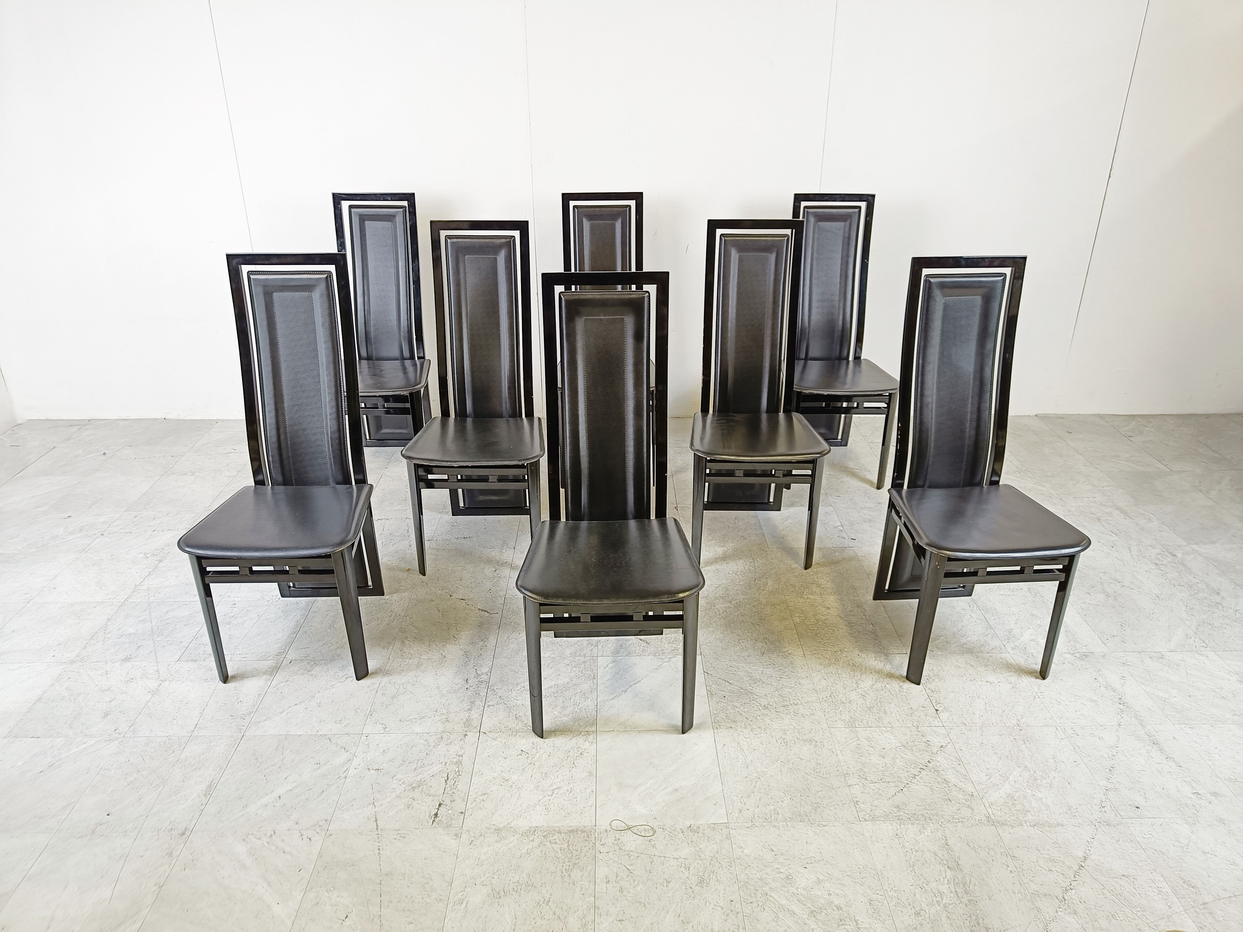 Set of eight Italian Lacquered Wood and Leather Modern Dining Chairs