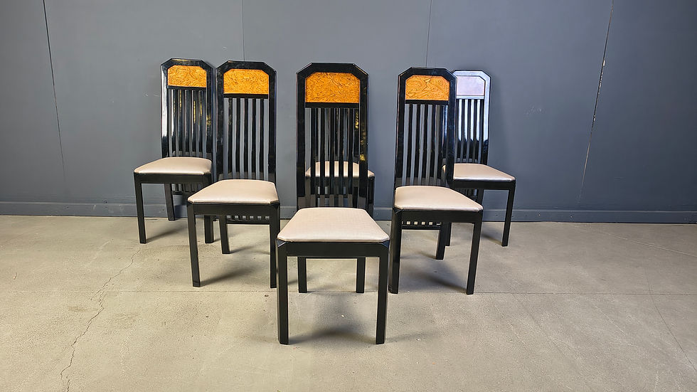 Thumbnail: Vintage burl wood and lacquer dining chairs, 1980s