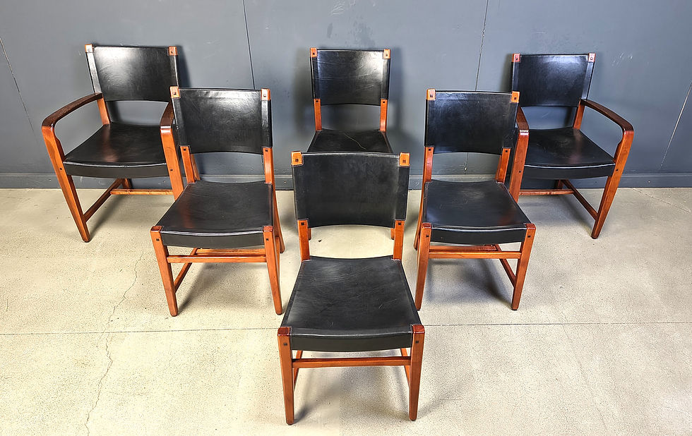 Thumbnail: Vintage spanish leather and wood dining chairs, set of 6 - 1970s