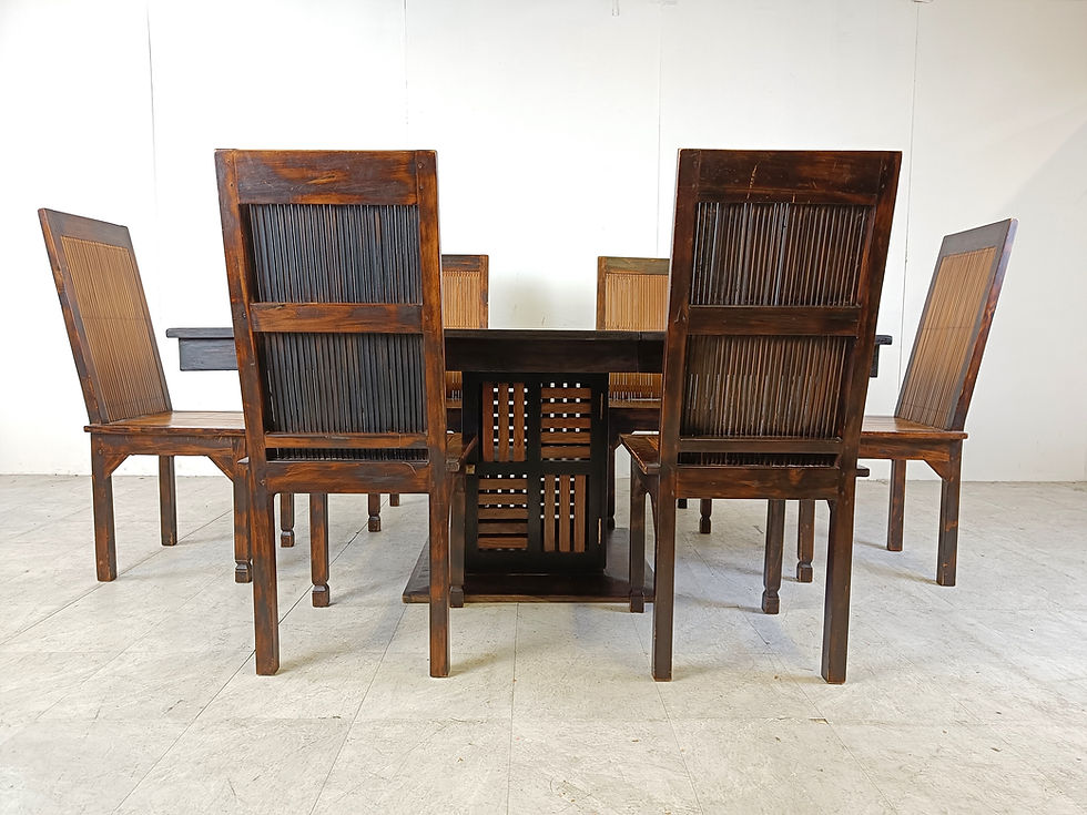 Thumbnail: Mid century bamboo high back dining chairs with table, 1960s