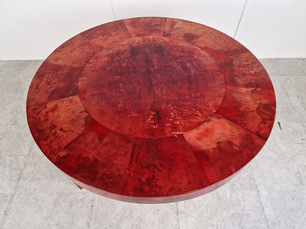 Thumbnail: Italian red lacquered Goatskin / Parchment dining table by Aldo Tura, 1960s