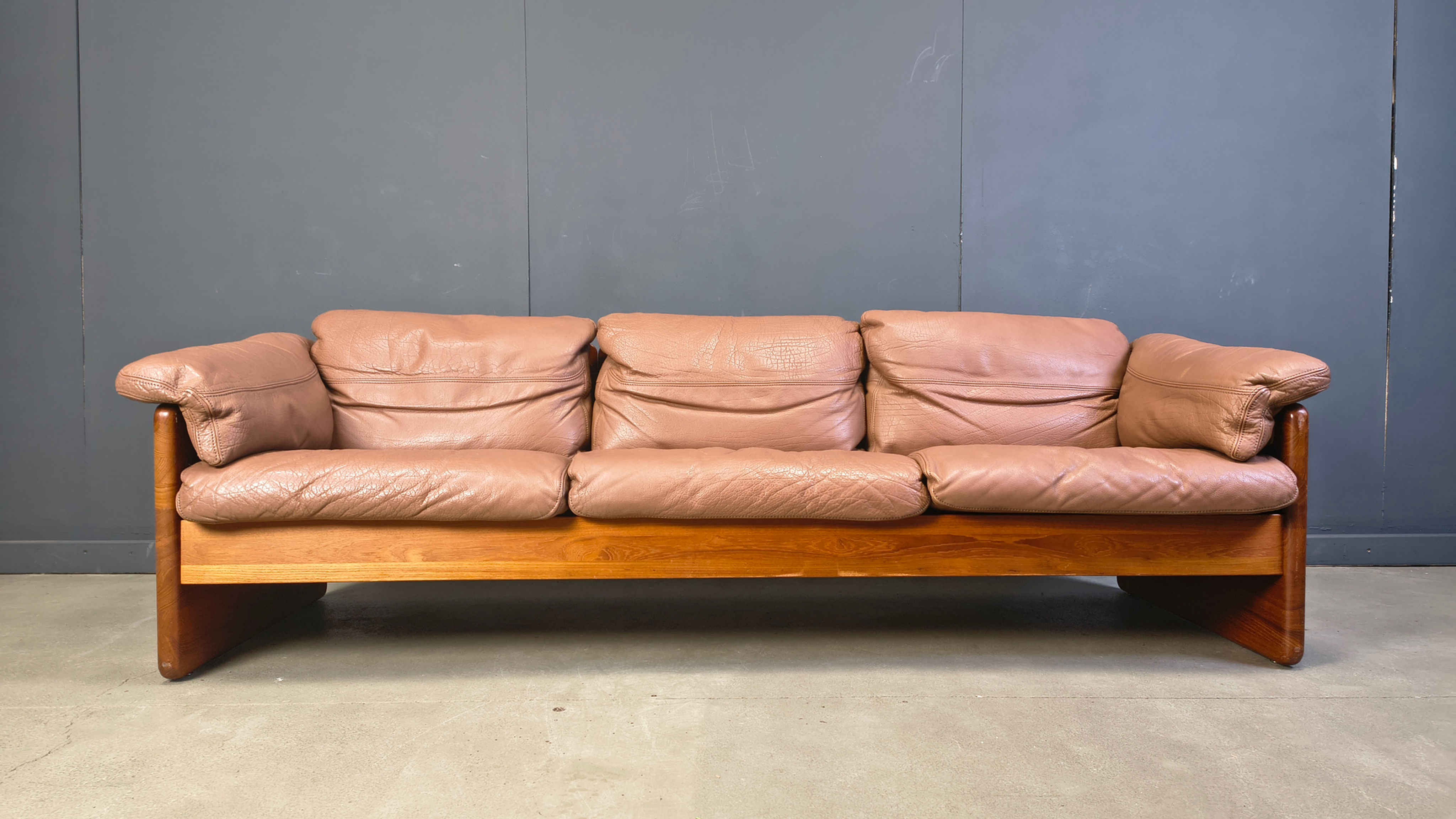Danish Leather and teak 3 seater sofa by Mikael Laursen, 1970s