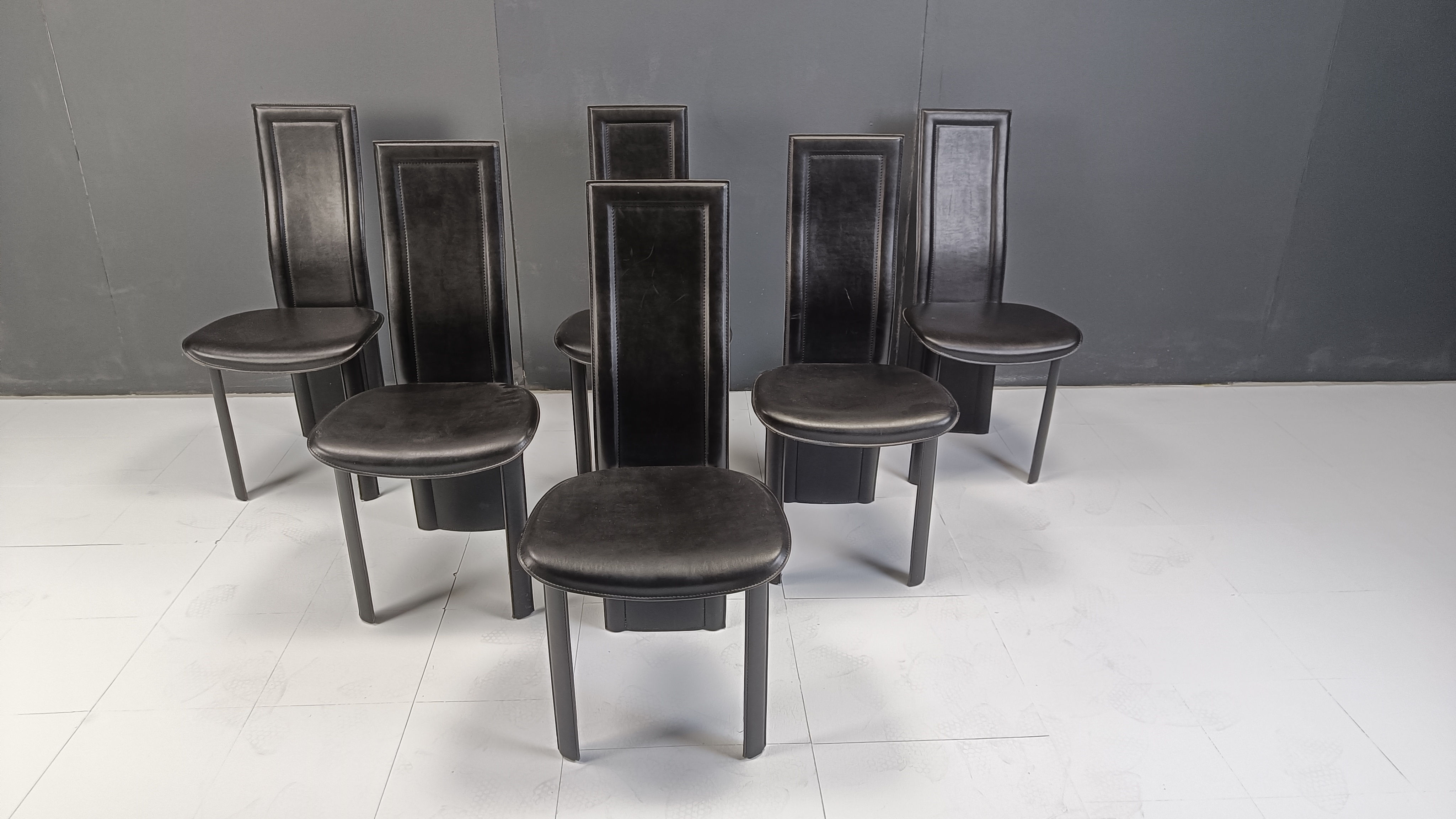 Vintage black leather high back dining chairs, set of 6, 1980s