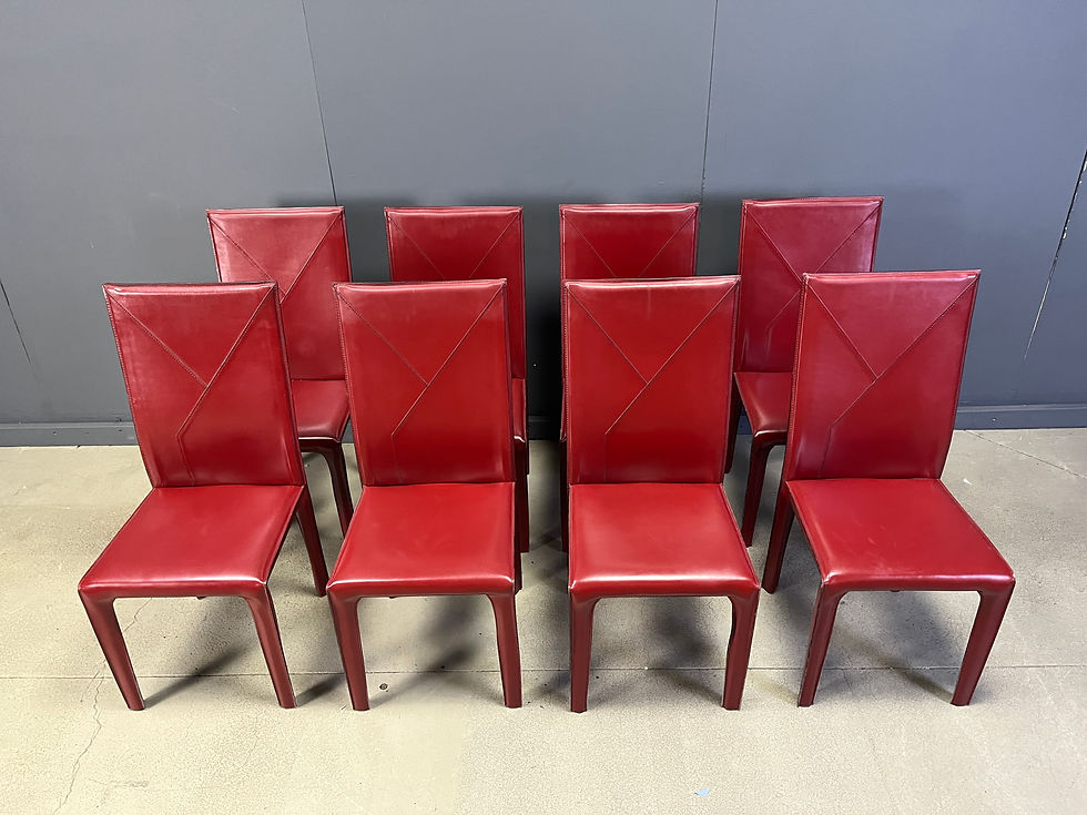 Thumbnail: Red leather dining chairs by Roche Bobois France, 1980s - set of 8