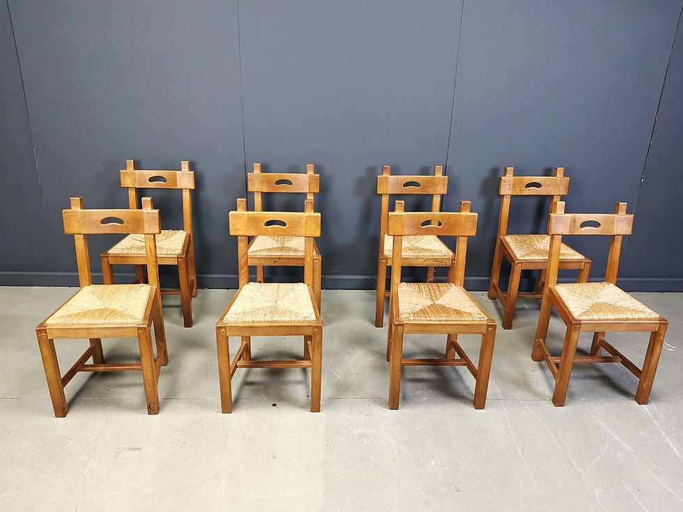 Vintage oak and wicker brutalist chairs, 1960s - set of 8