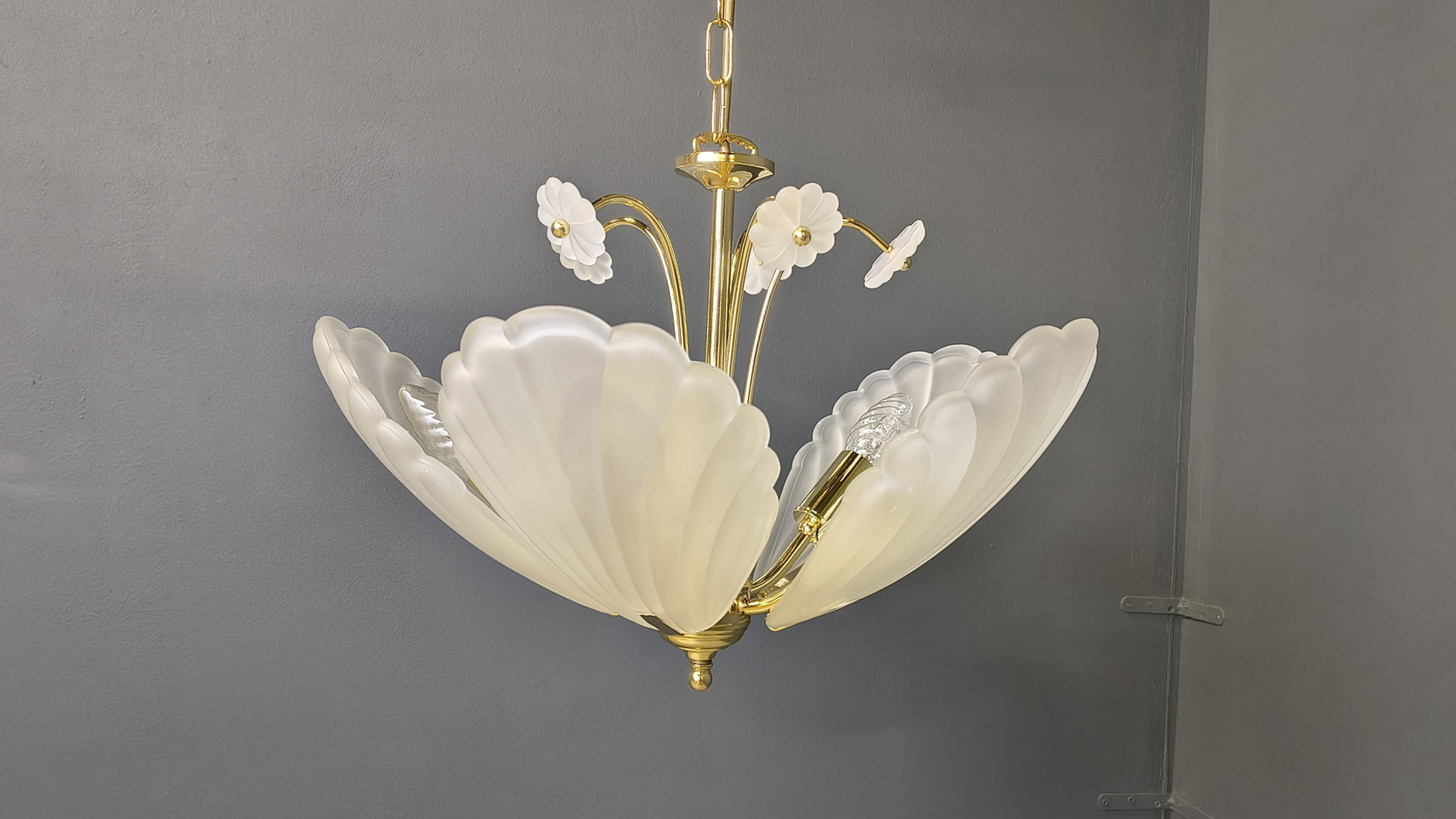 Vintage italian glass and brass chandelier, 1970s