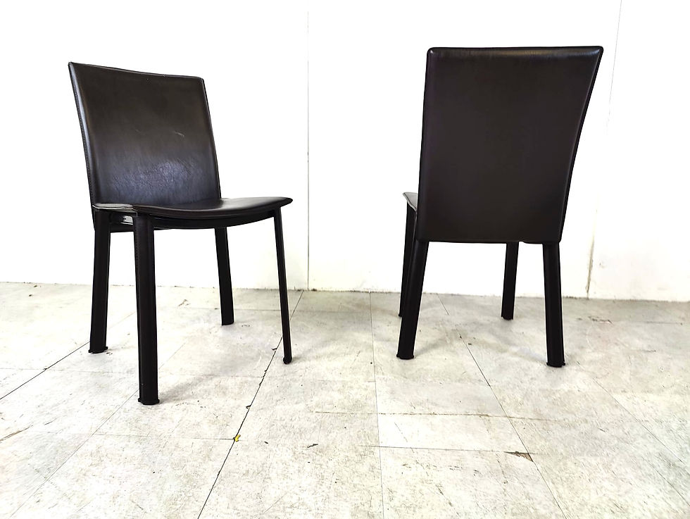 Thumbnail: Dark brown leather dining chairs, set of 6 - 1980s
