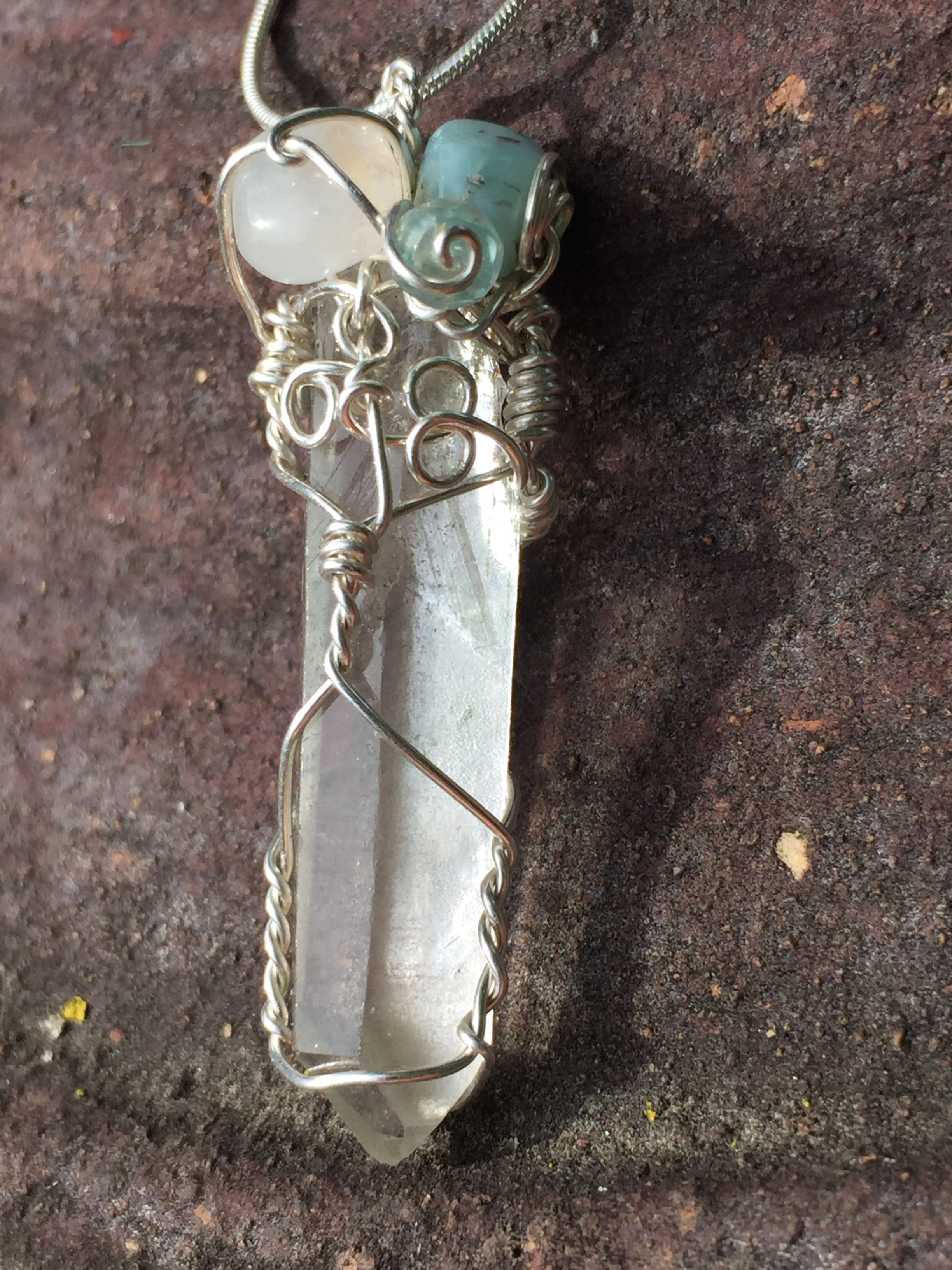 Quartz with Larimar, moonstone & Apatite: Clarity