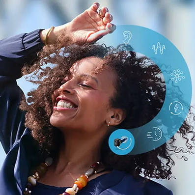 Smiling woman with Oticon hearing aid and features
