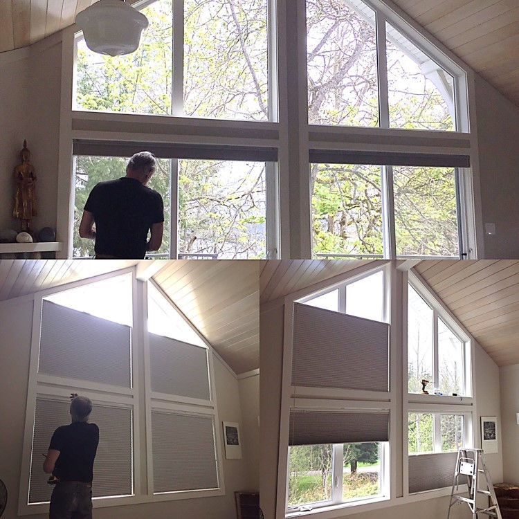Three-in-one picture of a technician installing window shades in a residence.