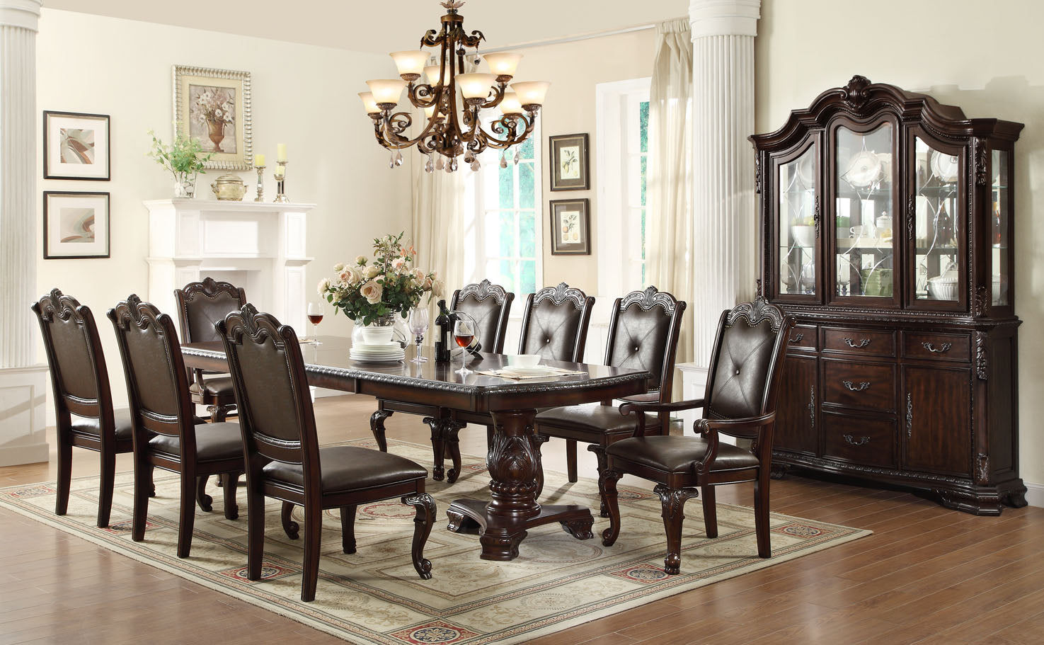 Trail 7 Piece Dark Walnut Table and Chairs in Black Leather