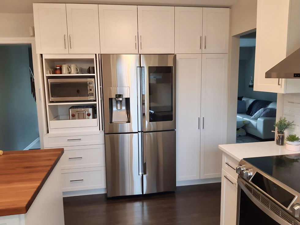 view of kitchen with attached refrigerator and white wooden cabinet