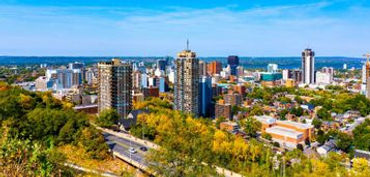 An aerial photo showcasing buildings, houses and various types of trees.