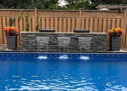 A swimming pool surrounded by well-maintained bushes and trees