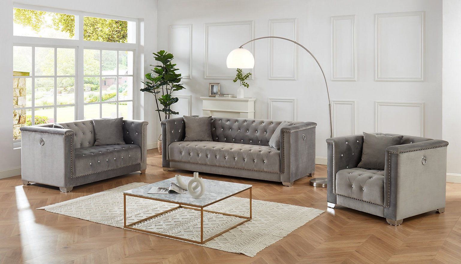 Nardo 3 piece Deep Tufted Nailhead Sofa Set in Grey Velvet