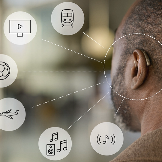 Person with a hearing aid and icons for various sounds