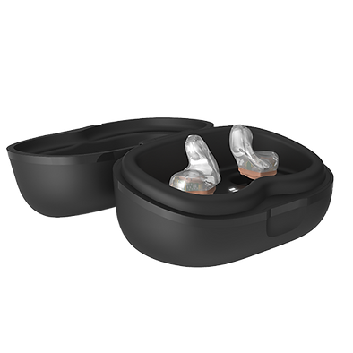 Rechargeable hearing aids in charging case