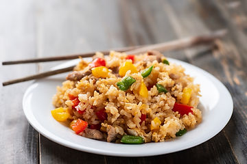 Side view of a stir fried rice dish