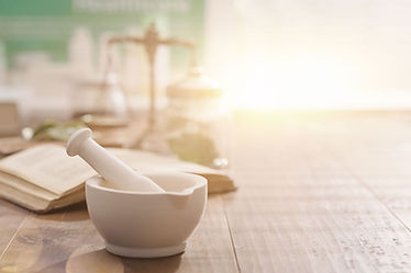 Mortar and pestle on the pharmacist's table