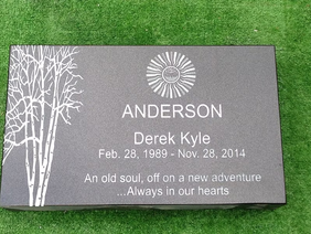 Anderson Derek Kyle, with dates, memorialized on a headstone, always in hearts.