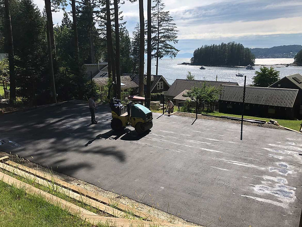 top view of an asphalt road with mini road roller
